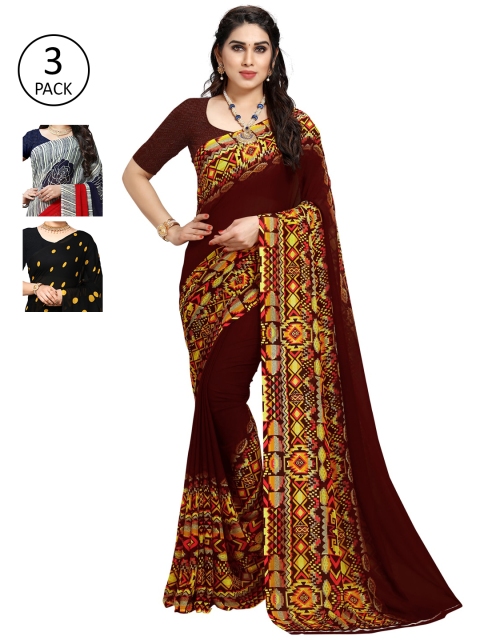 

KALINI Pack of 3 Poly Georgette Sarees, Maroon