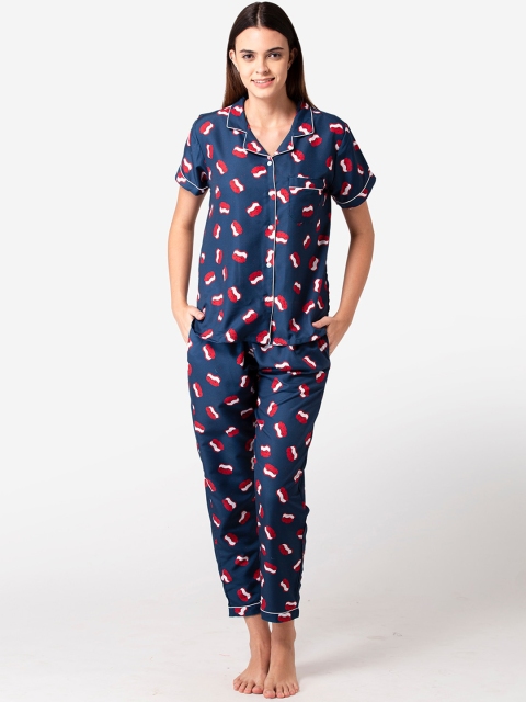 

Bellofox Women Navy Blue & Red Printed Cotton Night Suit