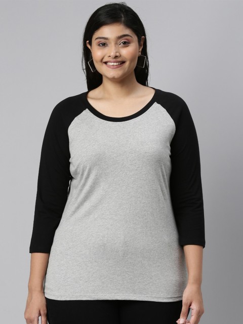 The Pink Moon Women Grey Black Colourblocked Raglan Sleeves Pure Cotton T-shirt