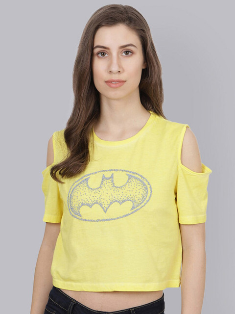 

Free Authority Women Yellow Cotton Cold-Shoulder Sleeves Batgirl T-shirt