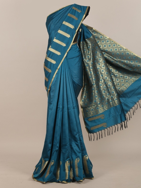 

Pothys Blue & Gold-Toned Ethnic Motifs Art Silk Saree