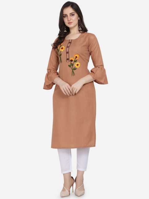 

Kvsfab Women Brown Floral Embroidered Straight Kurta