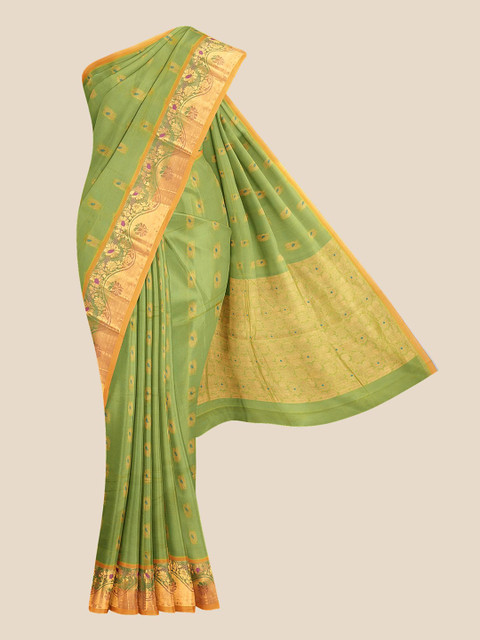 

Kalamandir Green & Orange Ethnic Motifs Zari Silk Blend Venkatgiri Saree