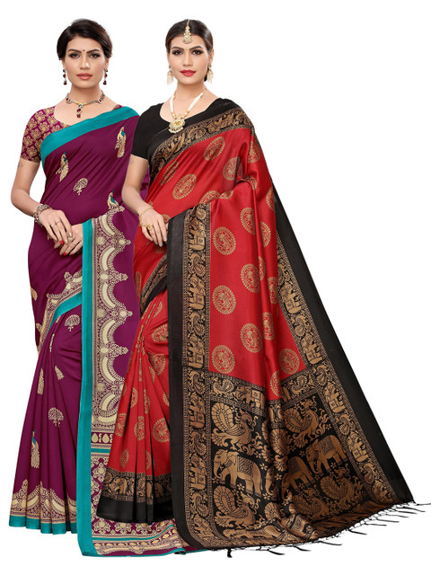 

KALINI Pack Of 2 Red & Burgundy Ethnic Motifs Art Silk Saree