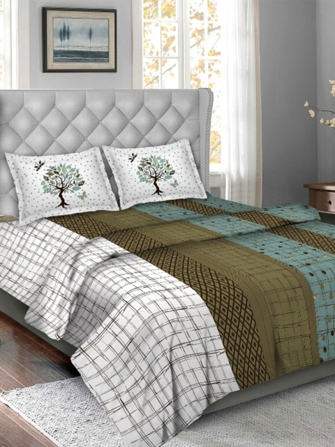 

BELLA CASA White & Olive Green Geometric Printed Cotton Double King Bedding Set