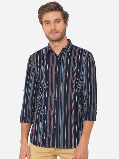 

JADE BLUE Men Navy Blue Slim Fit Striped Pure Cotton Casual Shirt