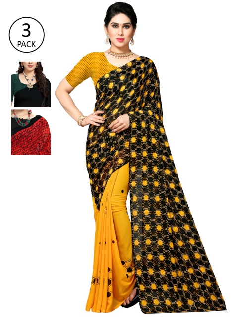 

KALINI Pack of 3 Poly Georgette Printed Sarees, Black