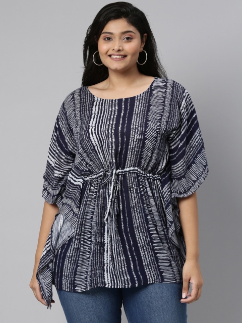 

The Pink Moon Navy Blue & White Kimono Sleeve Plus Size Kaftan Top