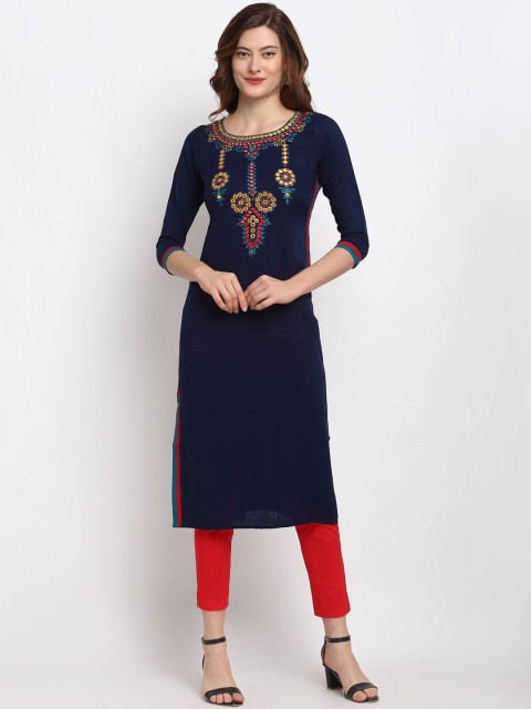 

Lovely Lady Women Navy Blue & Red Ethnic Motifs Embroidered Mirror Work Kurta