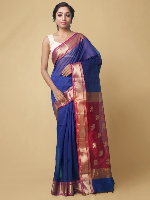 

Unnati Silks Blue & Magenta Woven Design Zari Silk Cotton Maheshwari Saree