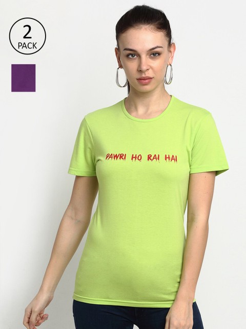 

VIMAL JONNEY Women Pack of 2 Green & Purple Typography Printed T-shirts