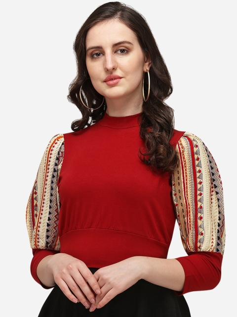 

OM SAI LATEST CREATION Red Puff Sleeve Regular Top