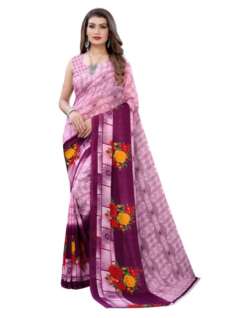 

KALINI Pink & Red Floral Pure Georgette Saree