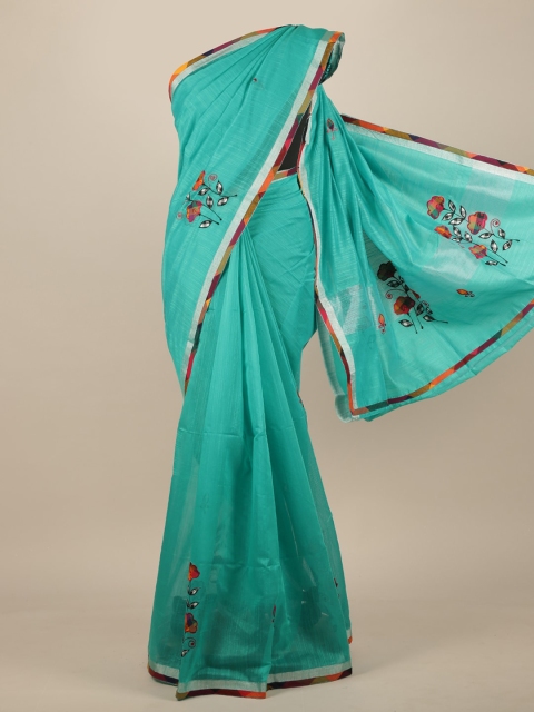 Pothys Sea Green & Pink Floral Patchwork Saree