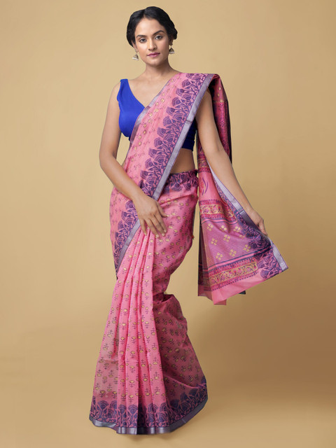 

Unnati Silks Pink & Blue Floral Net Handloom Saree