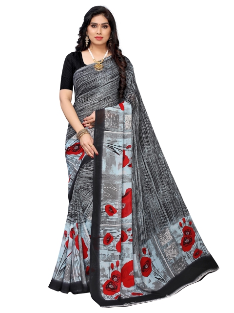 

KALINI Grey & Red Floral Poly Georgette Saree