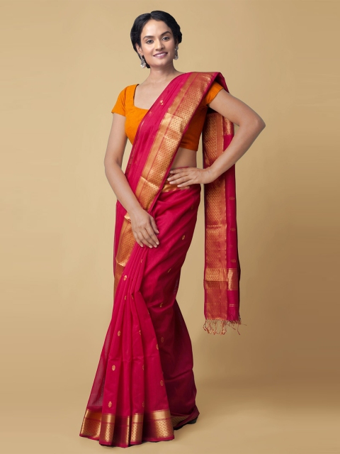 Unnati Silks Pink & Gold-Toned Ethnic Motifs Zari Silk Cotton Handloom Maheshwari Saree