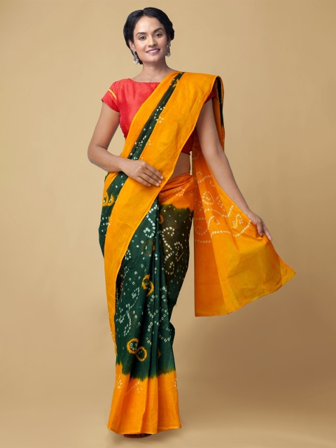 

Unnati Silks Green & Yellow Bandhani Pure Cotton Handloom Bandhani Saree