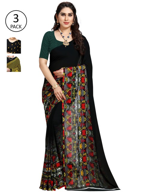 

KALINI Pack of 3 Poly Georgette Printed Sarees, Mustard