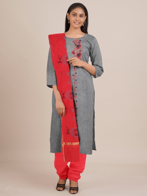 

Pothys Grey & Red Embroidered Unstitched Dress Material With Dupatta