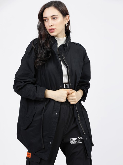 

Tokyo Talkies Women Black Windcheater and Water Resistant Longline Bomber Jacket