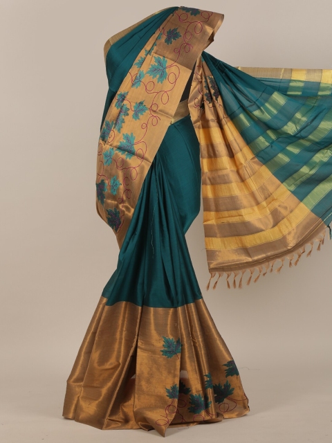 

Pothys Teal & Gold-Toned Floral Zari Art Silk Saree