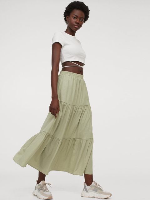 

H&M Women Green Solid Maxi Skirt