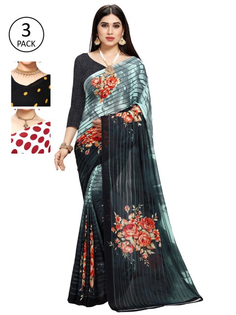 

KALINI Pack Of 3 Printed Sarees, Blue