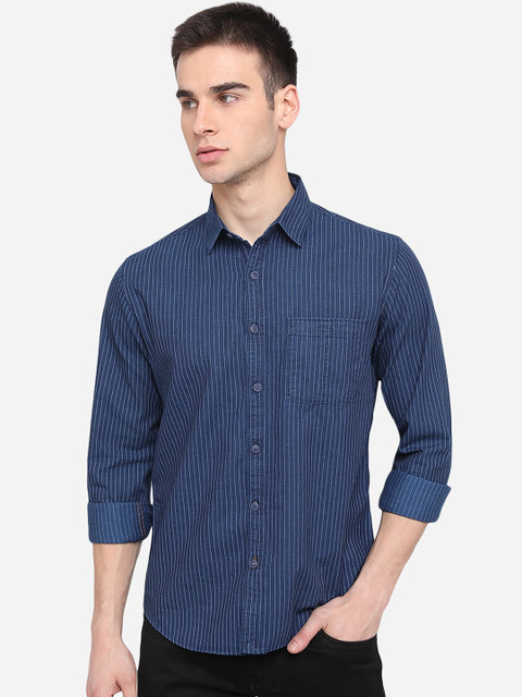

Greenfibre Men Blue Cotton Slim Fit Striped Casual Shirt