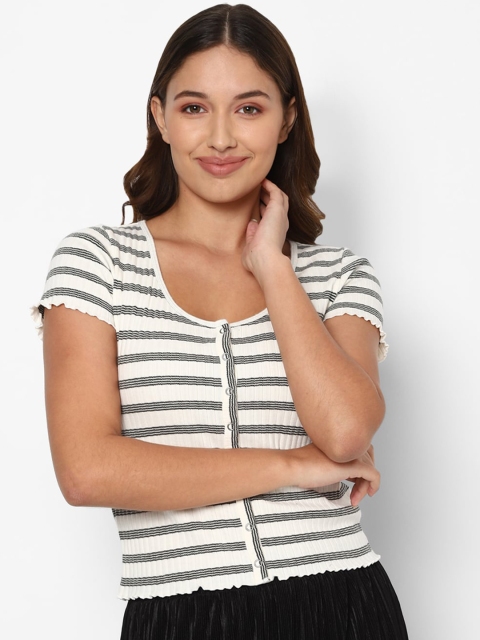 

AMERICAN EAGLE OUTFITTERS Women White & Black Striped T-shirt