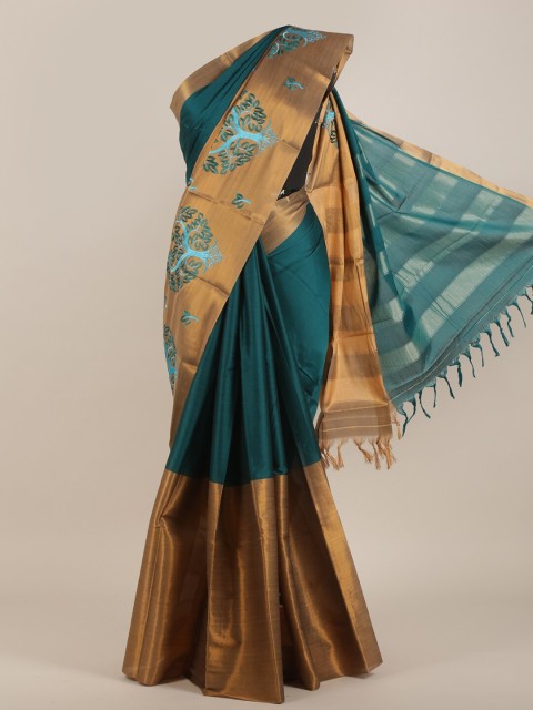 

Pothys Teal & Gold-Toned Floral Zari Art Silk Saree