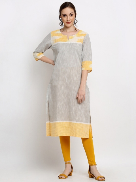 

DIVA WALK Women Grey & Yellow Colourblocked Gotta Patti Handloom Kurta