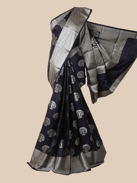 

Pothys Navy Blue & Silver-Toned Woven Design Zari Silk Blend Saree