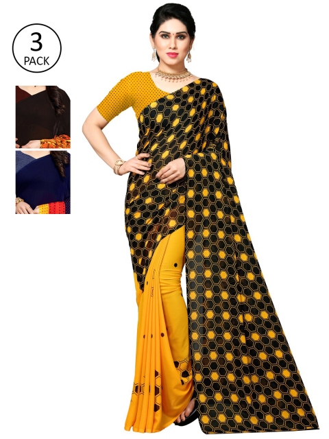 

KALINI Pack of 3 Poly Georgette Printed Sarees, Mustard