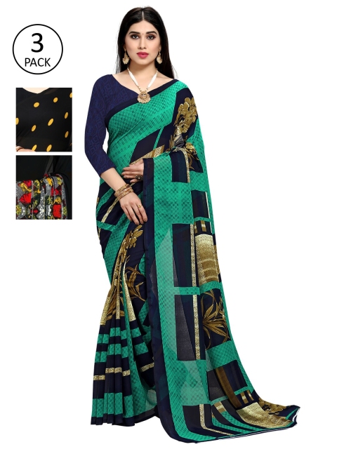 

KALINI Pack Of 3 Printed Sarees, Green