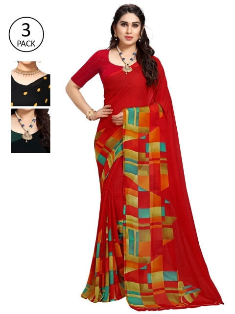 

KALINI Pack of 3 Poly Georgette Printed Sarees, Red