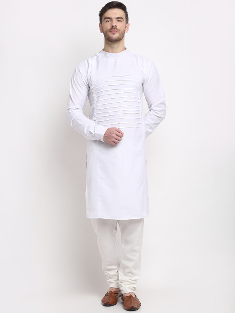 

Benstoke Men White Pleated Kurta with Churidar