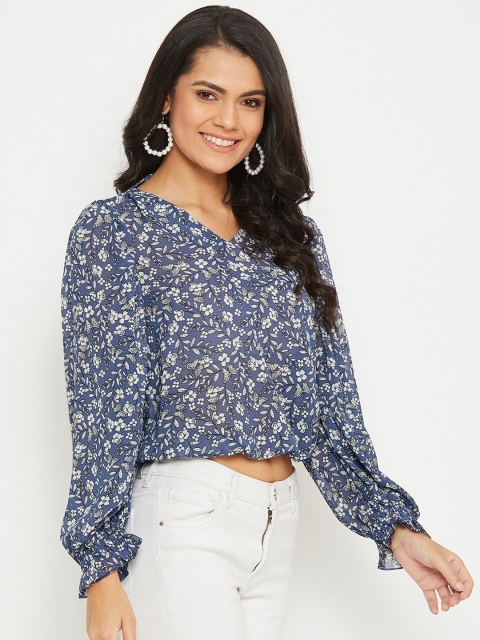 PANIT Blue & White Floral Georgette Regular Crop Top