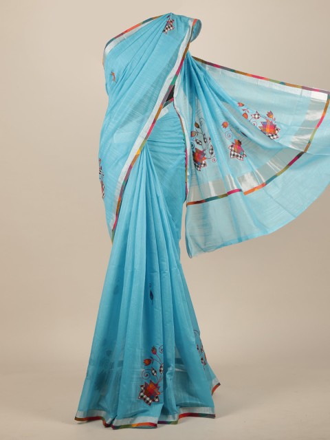 

Pothys Blue & Pink Floral Cotton Blend Saree