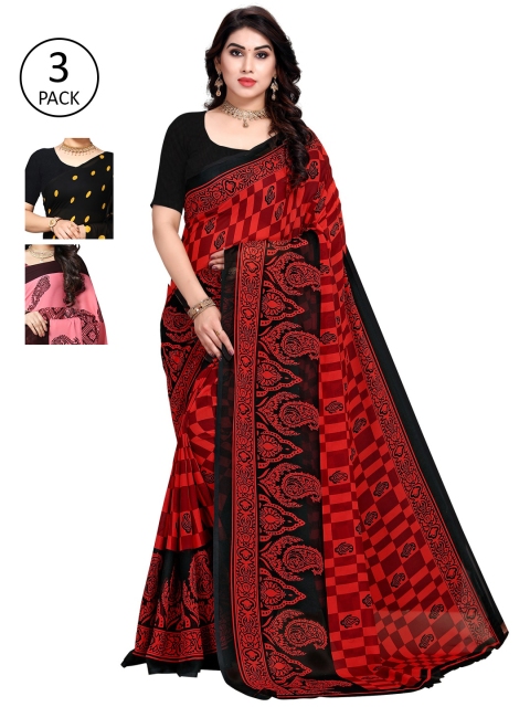 

KALINI Pack of 3 Poly Georgette Sarees, Black