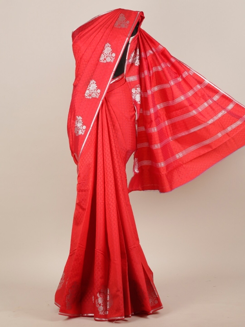 

Pothys Red & Silver-Toned Floral Art Silk Saree