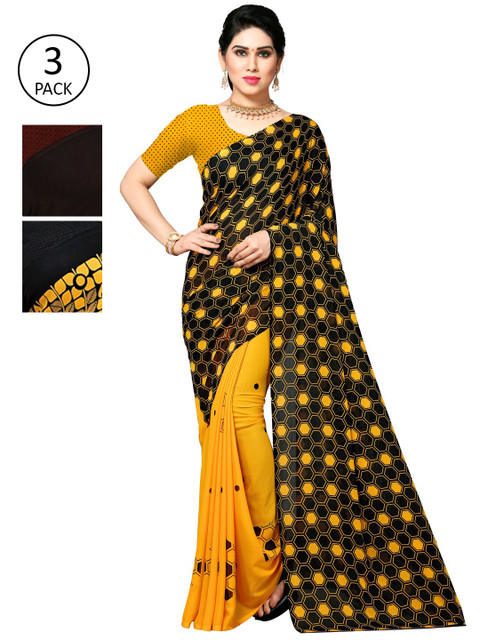 

KALINI Pack of 3 Poly Georgette Sarees, Yellow