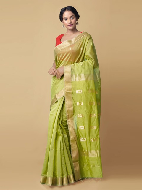 

Unnati Silks Green & Gold-Toned Zari Silk Cotton Handloom Maheshwari Saree