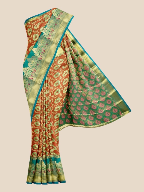 

Kalamandir Brown & Lime Green Woven Design Silk Blend Kanjeevaram Saree