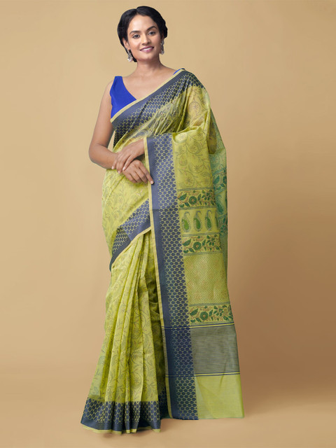 

Unnati Silks Lime Green & Navy Blue Floral Net Handloom Saree