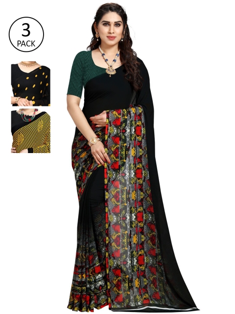 

KALINI Black & Yellow Pack of 3 Printed Saree