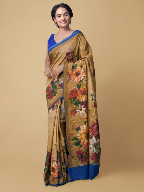 

Unnati Silks Women Brown & Blue Digital Printed Crepe Soft Silk Saree