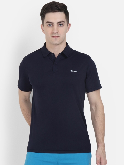 VEGA Men Navy Blue Polo Collar Slim Fit T-shirt