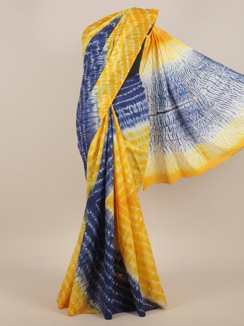 

Pothys Yellow & Navy Blue Tie and Dye Cotton Blend Saree