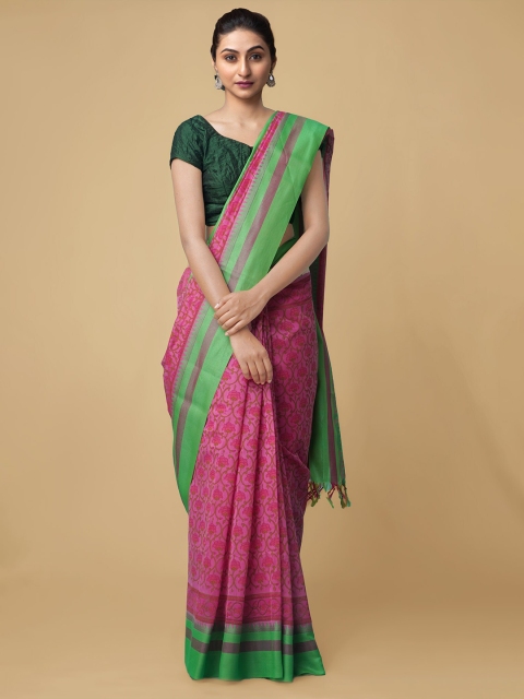 

Unnati Silks Pink & Green Woven Design Zari Silk Cotton Handloom Chanderi Saree
